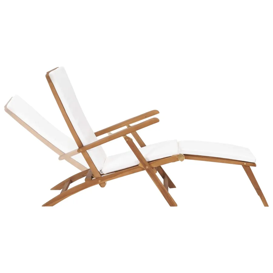 Chaise longue avec coussin Blanc crème Bois de teck solide - 2