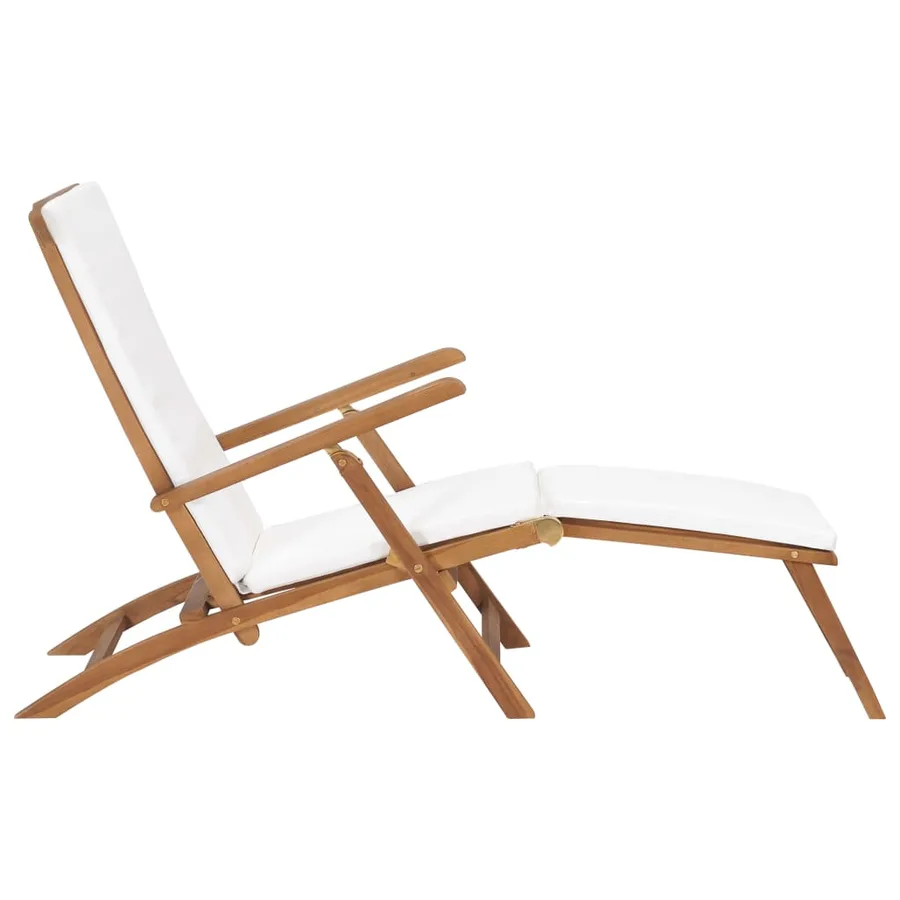 Chaise longue avec coussin Blanc crème Bois de teck solide - 3