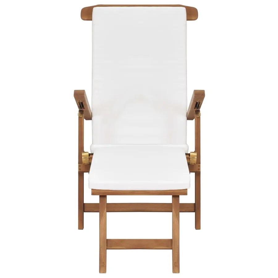 Chaise longue avec coussin Blanc crème Bois de teck solide - 4