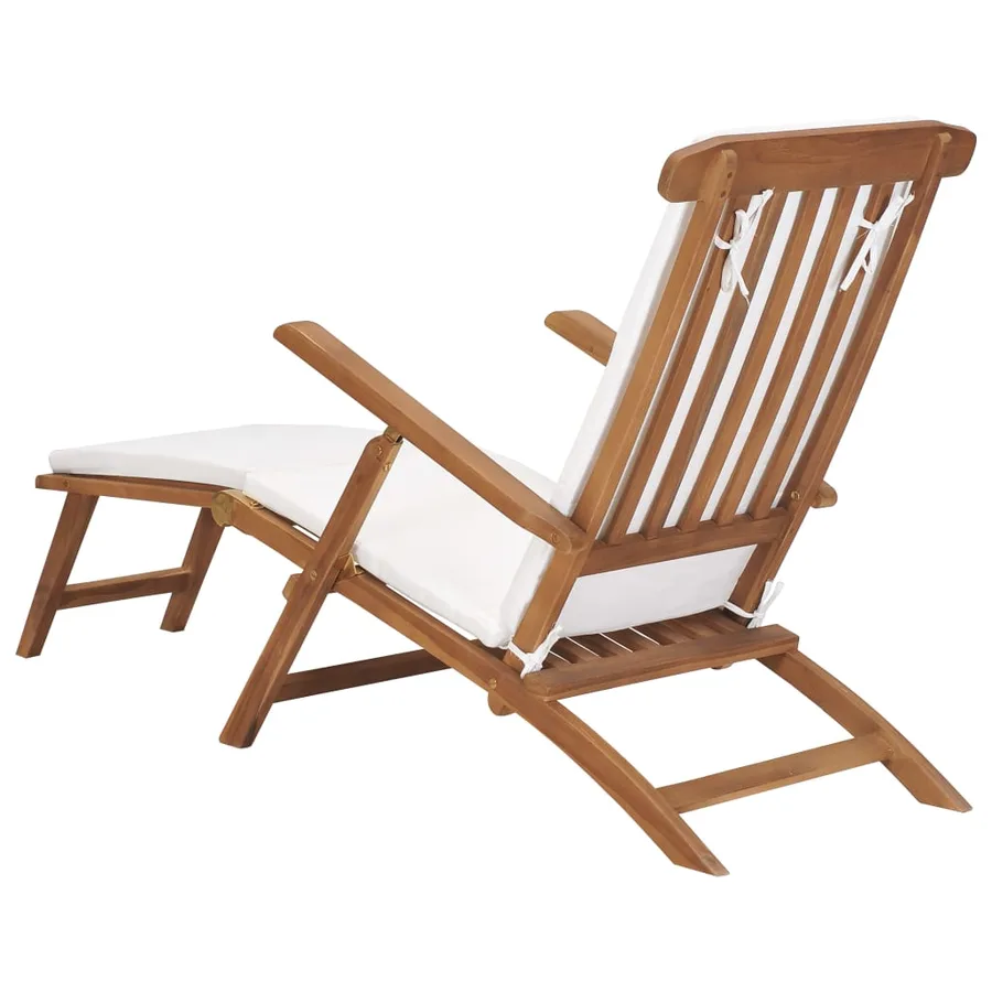 Chaise longue avec coussin Blanc crème Bois de teck solide - 5