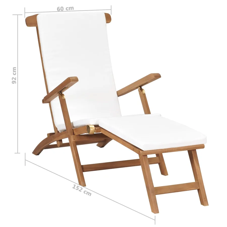 Chaise longue avec coussin Blanc crème Bois de teck solide - 8