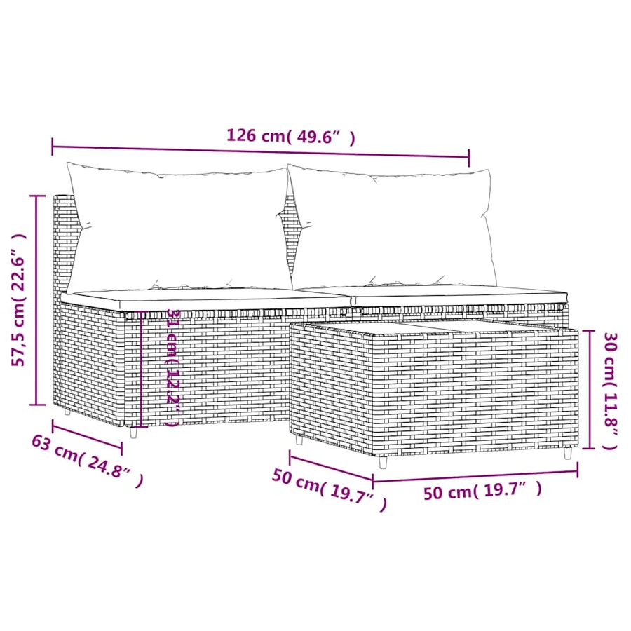 Salon de jardin 3 pcs avec coussins Gris Résine tressée - 9