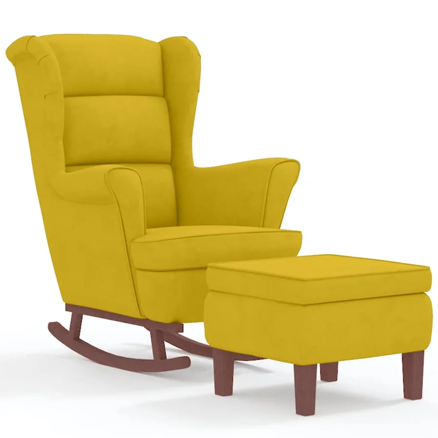 Fauteuil à bascule à oreilles en velours jaune bois massif - 2