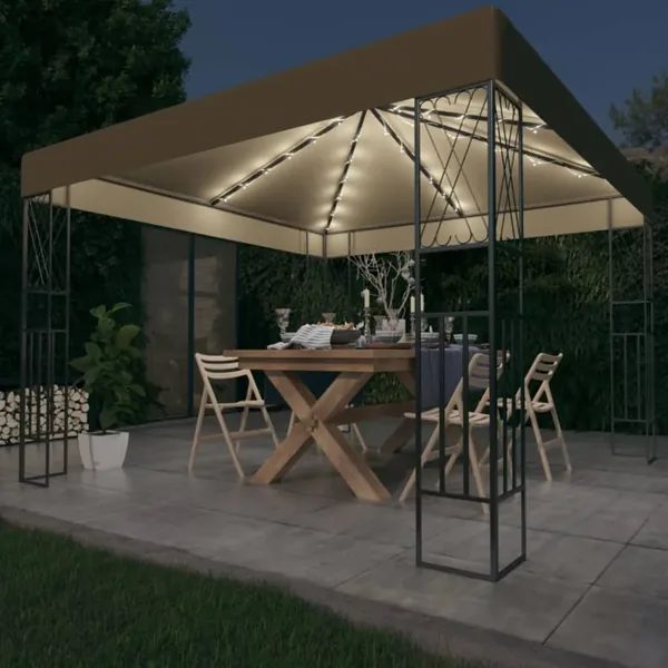 Tonnelle avec guirlande lumineuse à LED 3x3 m Taupe Tissu