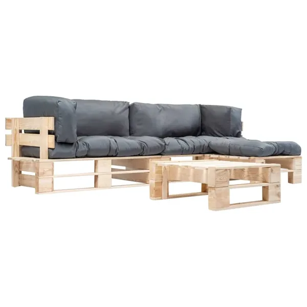 Salon de jardin palette 4 pcs avec coussins gris bois