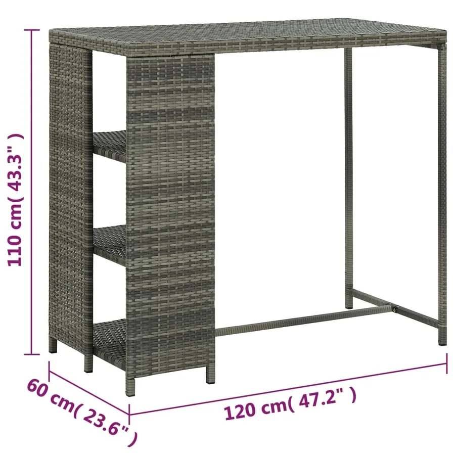 Table de bar avec rangement Gris 120x60x110 cm Résine tressée - 7