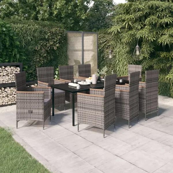 Ensemble à manger de jardin avec coussins 9 pcs Gris