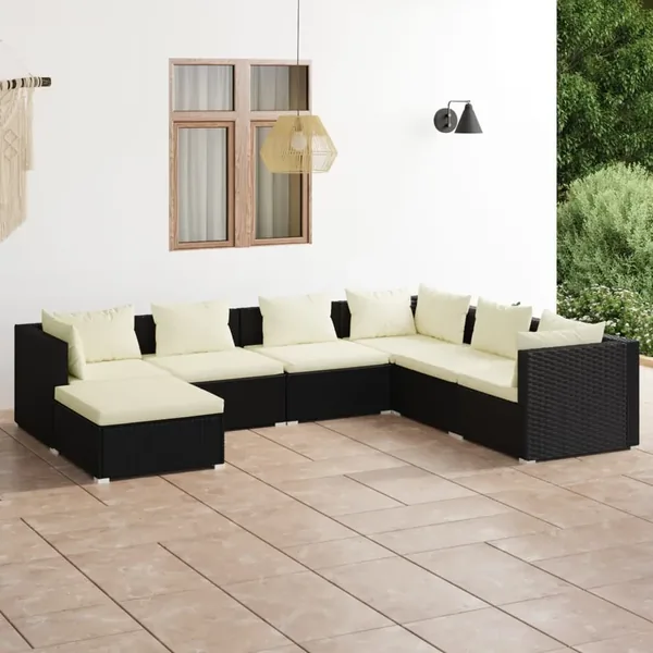 Salon de jardin 7 pcs avec coussins Résine tressée Noir