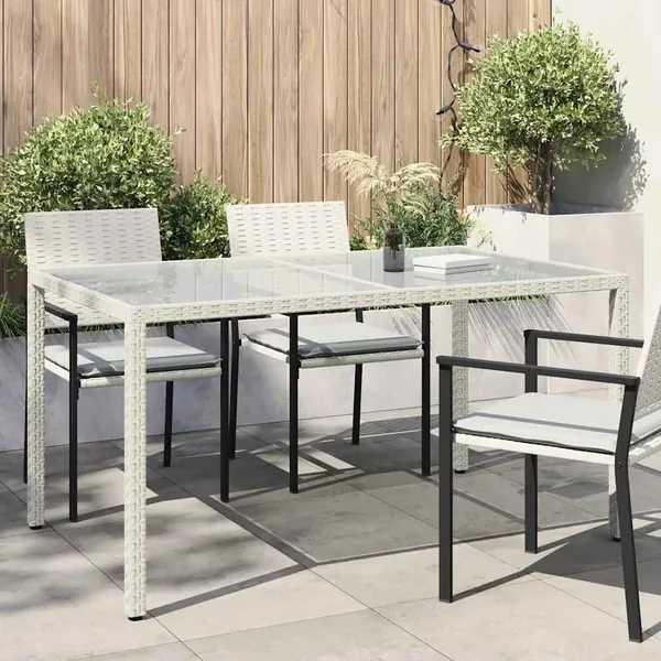 Table de jardin 150x90x75 cm Verre trempé/résine tressée Blanc