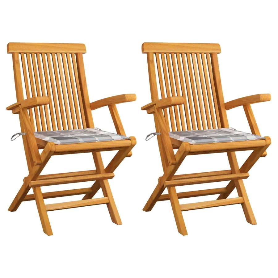 Chaises de jardin lot de 2 avec coussins à carreaux gris Teck