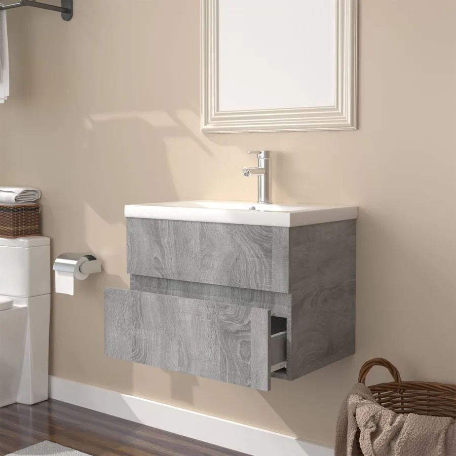 Meuble lavabo avec bassin intégré Sonoma gris Bois d'ingénierie - 4