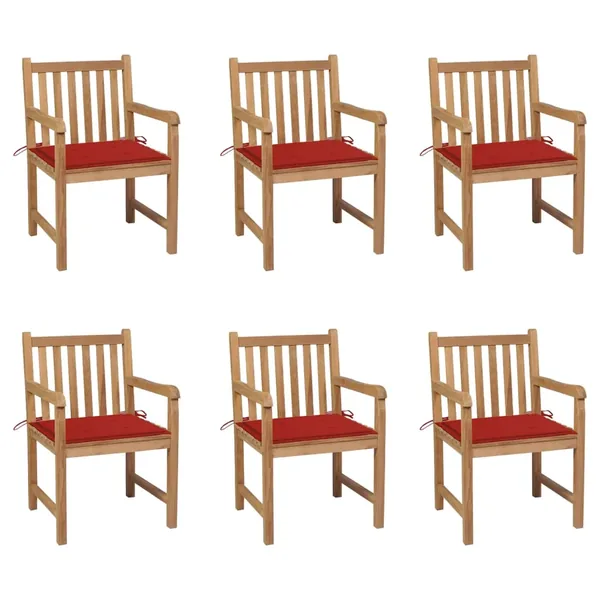 Chaises de jardin lot de 6 et coussins rouge Bois teck massif