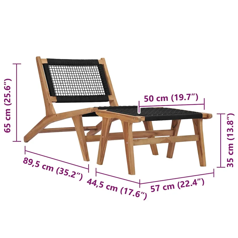 Chaise longue avec repose-pied Bois de teck solide et corde - 15