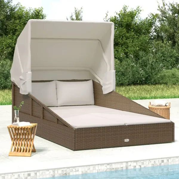 Transat avec toit pliable marron 200x114x128 cm résine tressée