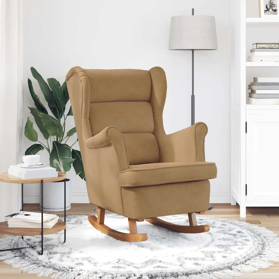 Fauteuil à bascule à oreilles en velours marron bois massif - 3