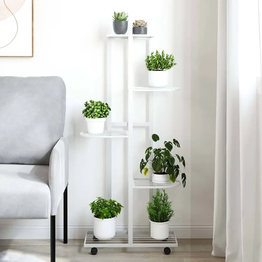 Jardinière à 5 niveaux avec roues 44x23x100 cm Blanc Fer - 3