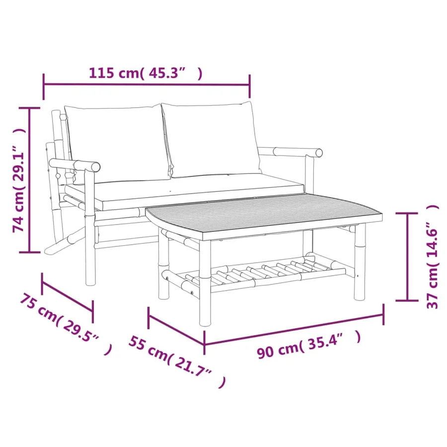 Salon de jardin 2 pcs avec coussins blanc crème bambou - 9