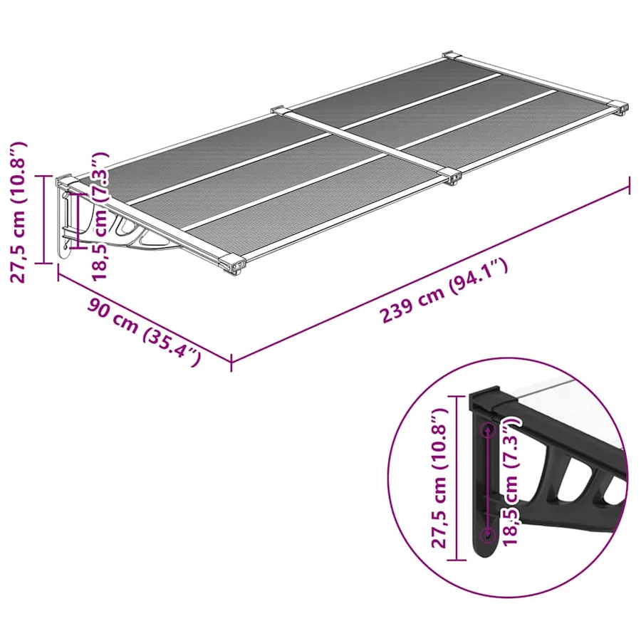 Auvent de porte Noir et transparent 239x90 cm Polycarbonate - 6