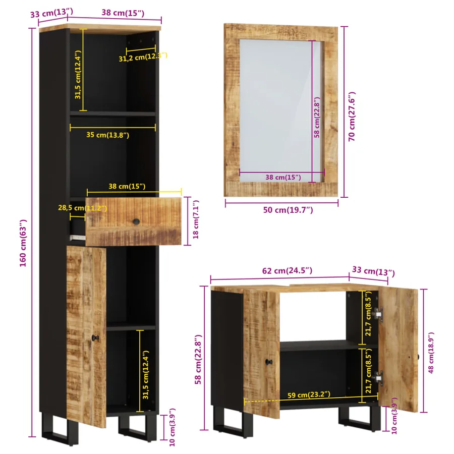Ensemble de meubles de salle de bain 3 pcs bois manguier massif - 12