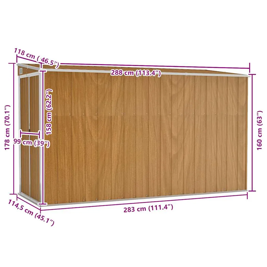 Abri de jardin mural marron 118 x 288 x 178 cm Acier galvanisé - 7