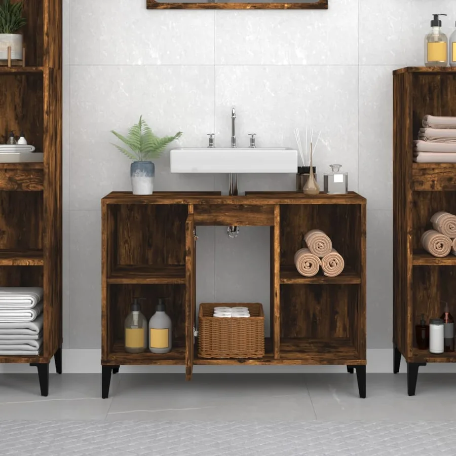 Meuble d'évier chêne fumé 80x33x60 cm bois d'ingénierie - 3