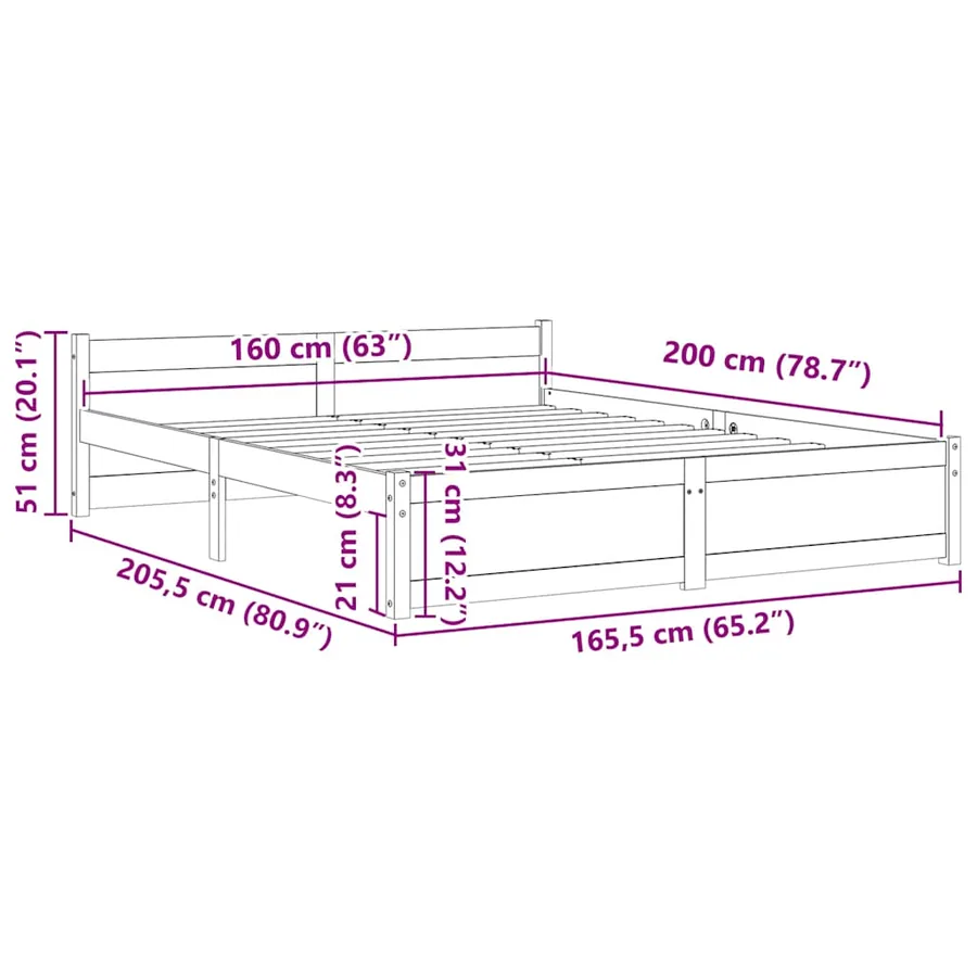 Cadre de lit sans matelas bois massif 160x200 cm - 9