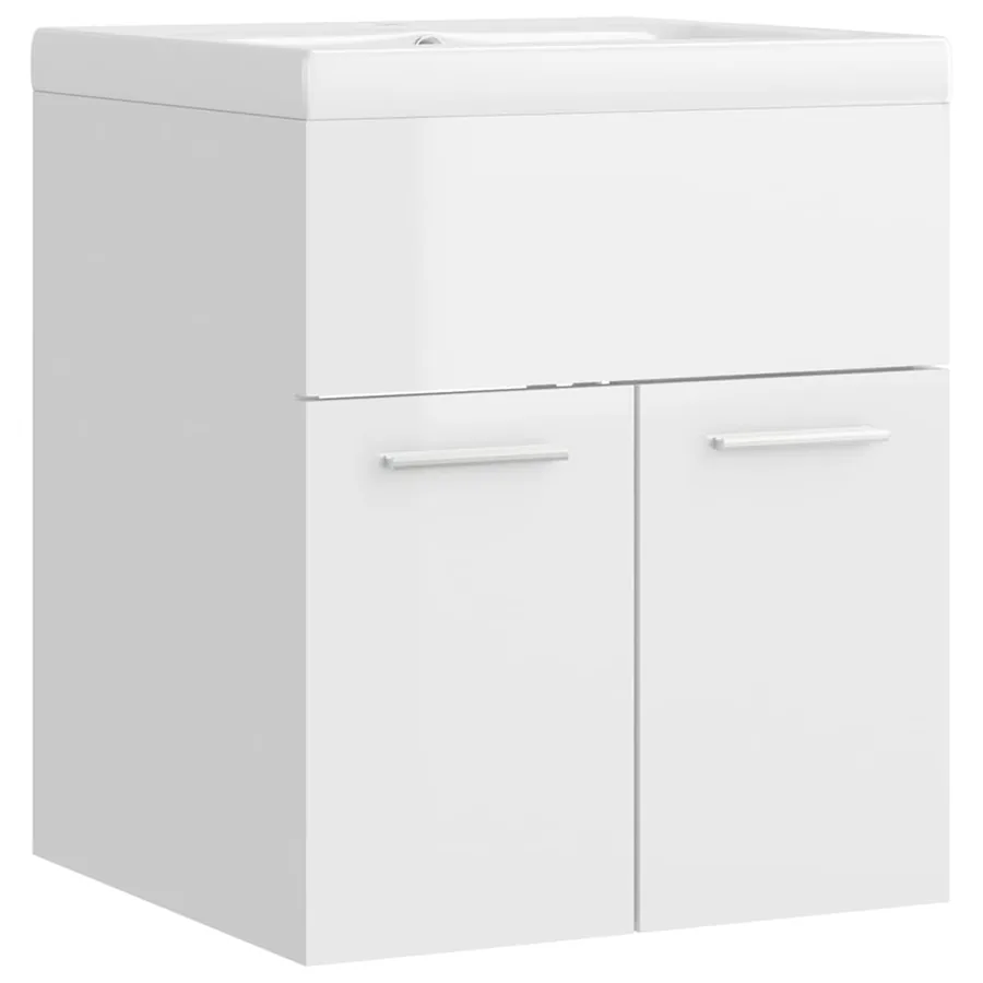 Armoire d'évier avec lavabo intégré Blanc brillant Aggloméré - 2