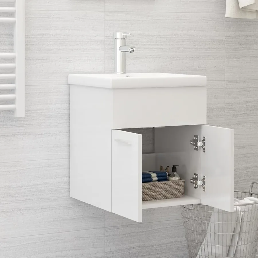 Armoire d'évier avec lavabo intégré Blanc brillant Aggloméré - 3