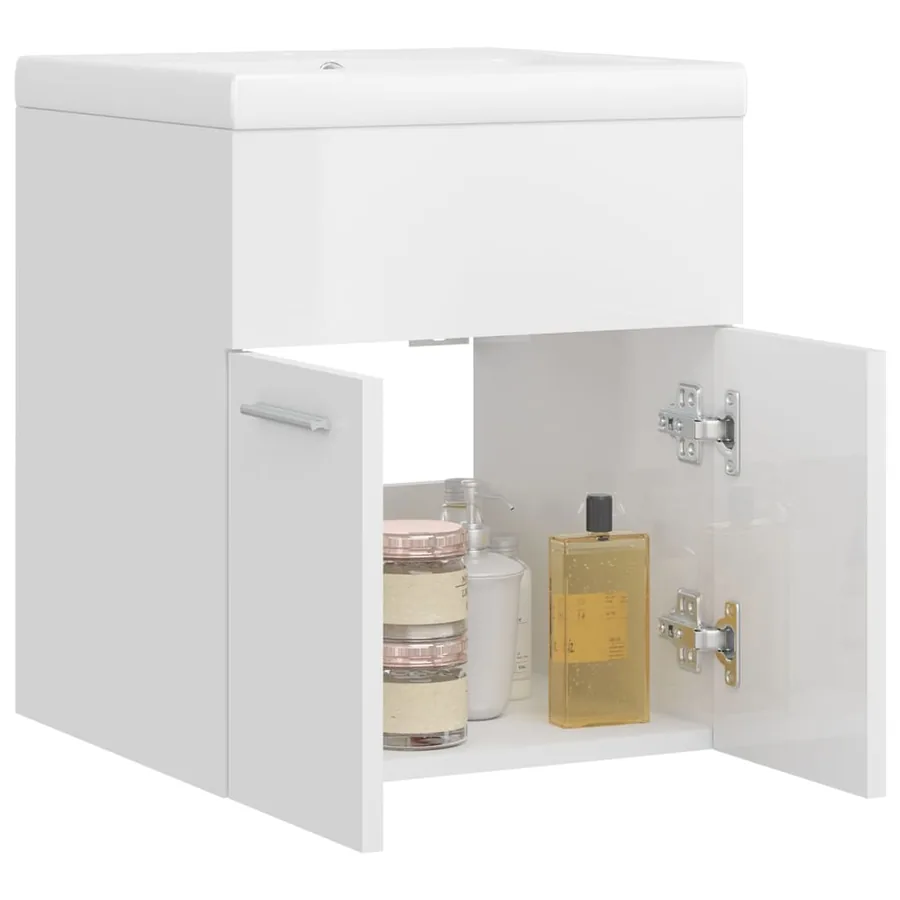 Armoire d'évier avec lavabo intégré Blanc brillant Aggloméré - 4