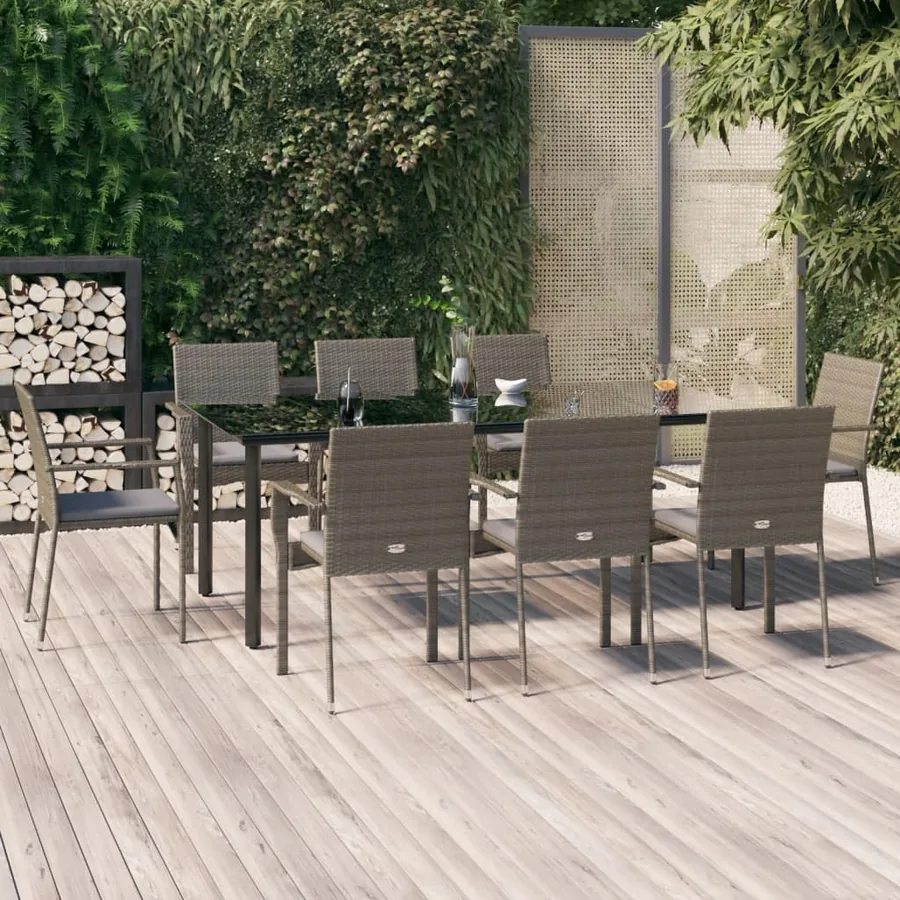 Ensemble à manger de jardin 9pcs et coussins noir et gris