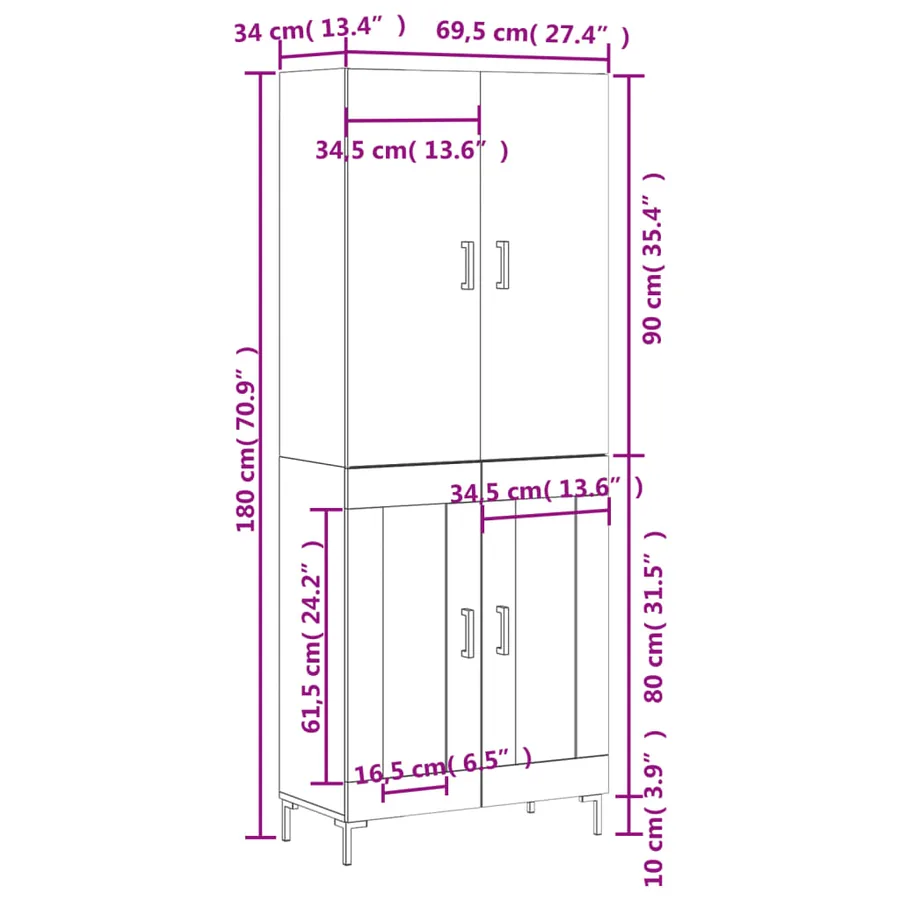 Buffet haut Chêne sonoma 69,5x34x180 cm Bois d'ingénierie - 13