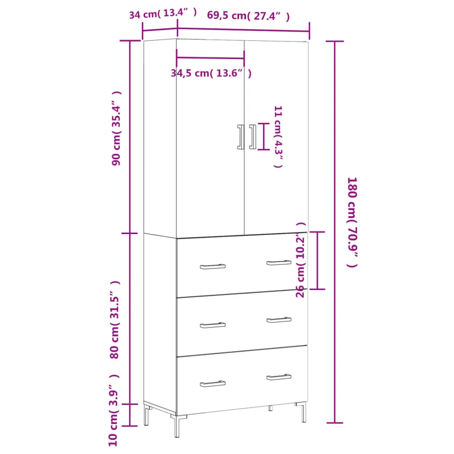 Buffet haut Sonoma gris 69,5x34x180 cm Bois d'ingénierie - 14