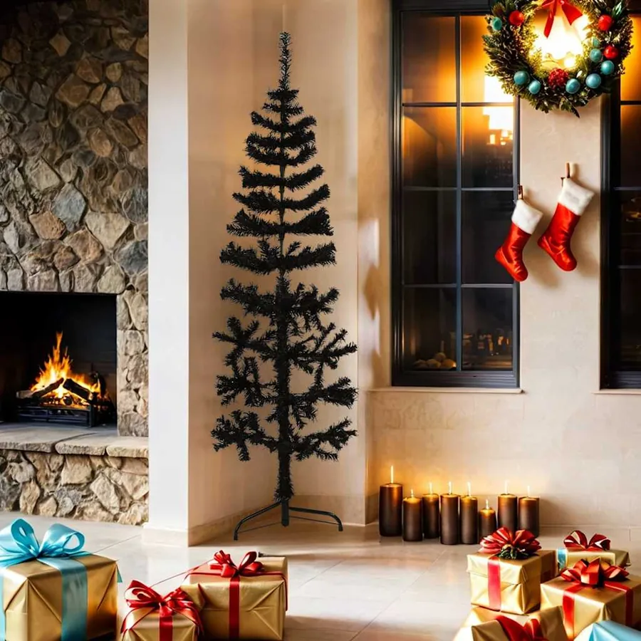 Demi sapin de Noël artificiel mince avec support Noir 180 cm - 2