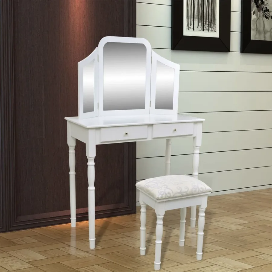 Coiffeuse avec miroir et tabouret 2 tiroirs Blanc - 8