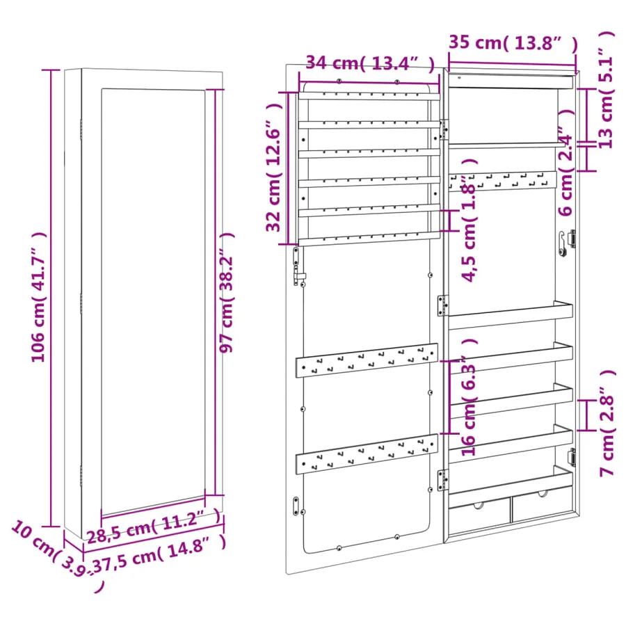 Armoire à bijoux avec miroir et éclairage LED mural noir - 13