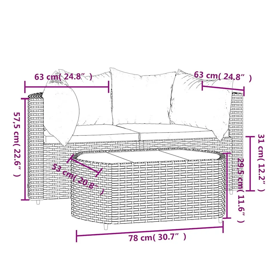 Salon de jardin 3 pcs avec coussins marron résine tressée - 11