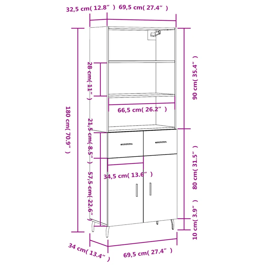Buffet haut Blanc 69,5x34x180 cm Bois d'ingénierie - 14
