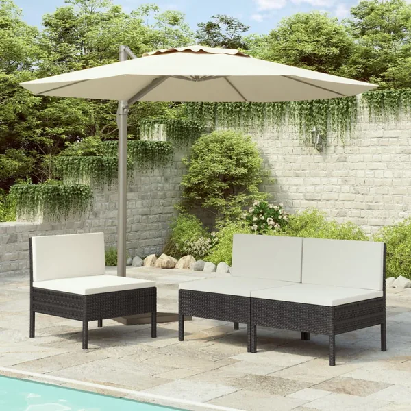 Chaises de jardin lot de 3 avec coussins Résine tressée Noir