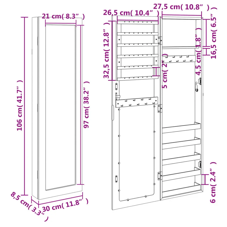 Armoire à bijoux avec miroir murale noir 30x8,5x106 cm - 11