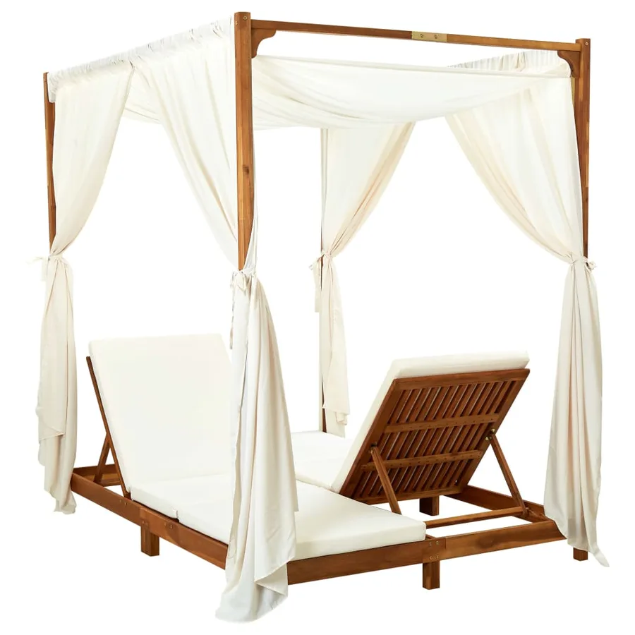 Chaise longue double avec rideaux et coussins Bois d'acacia - 3