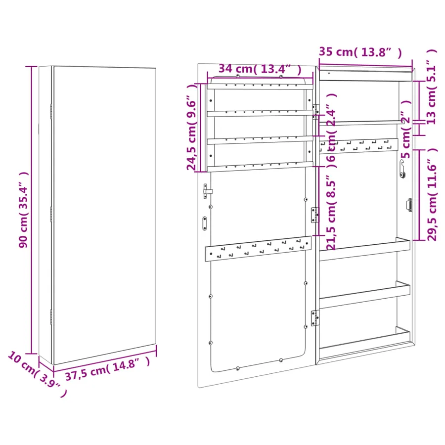 Armoire à bijoux avec miroir et éclairage LED mural blanc - 13