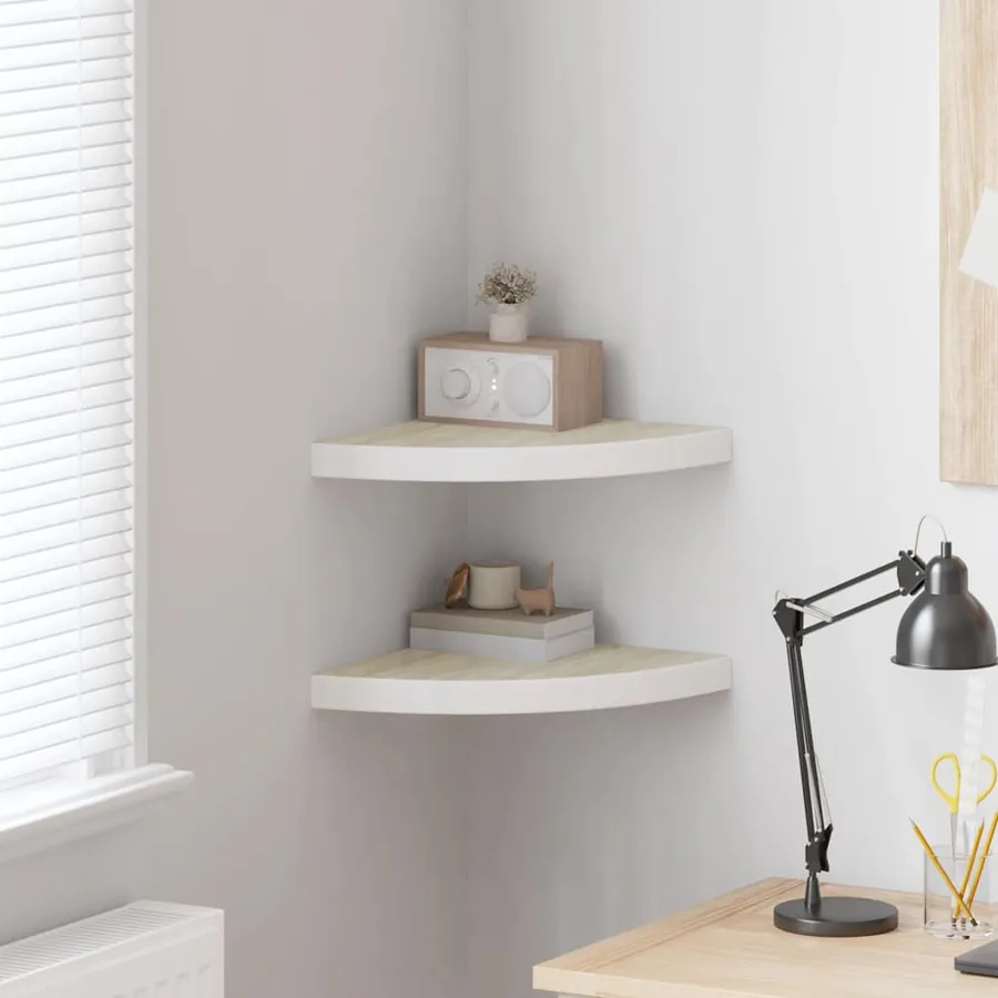 Étagères d'angle murales 2 pcs Chêne et blanc 35x35x3,8 cm MDF