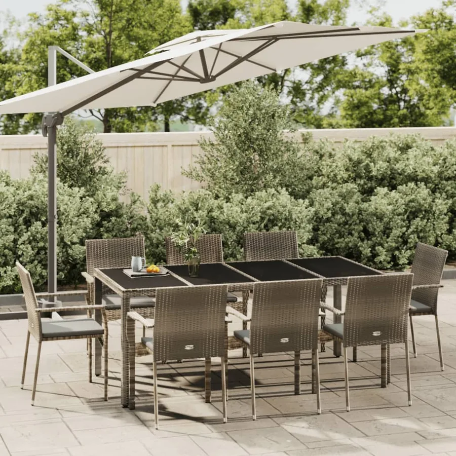 Ensemble à manger de jardin 9 pcs coussins gris résine tressée