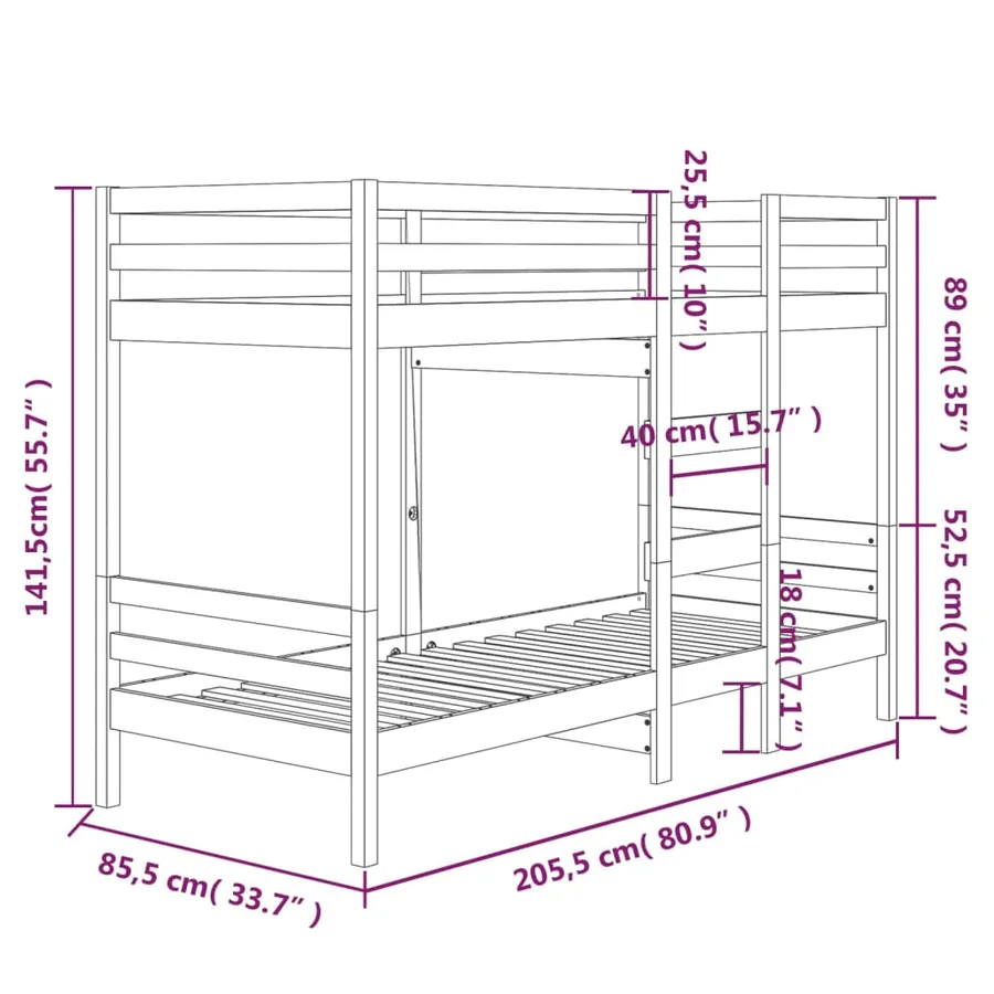Lit superposé sans matelas 80x200 cm bois de pin massif - 8