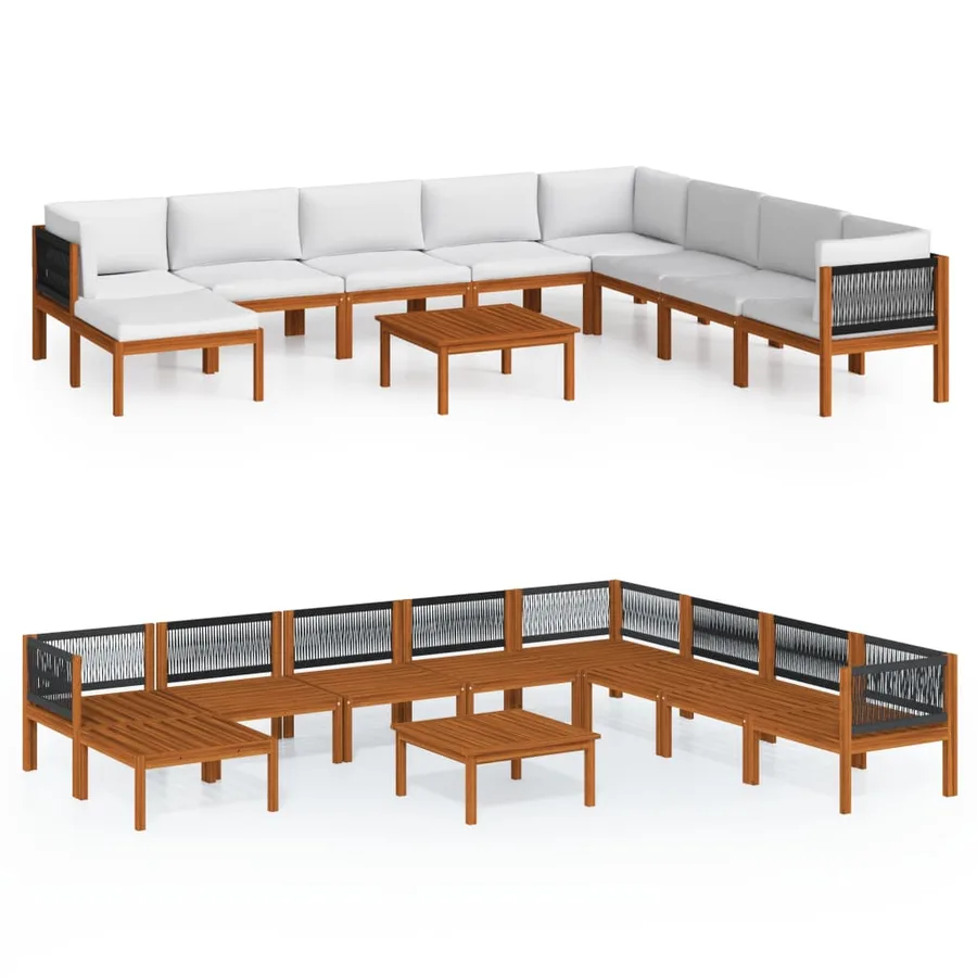 Salon de jardin 9 pièces avec coussins, bois d'acacia crème et corde - 2
