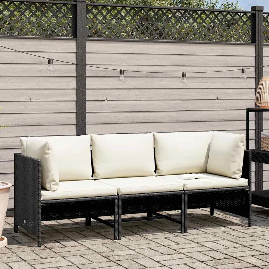 Canapé de jardin à 3 places avec coussins Noir Résine tressée - 2