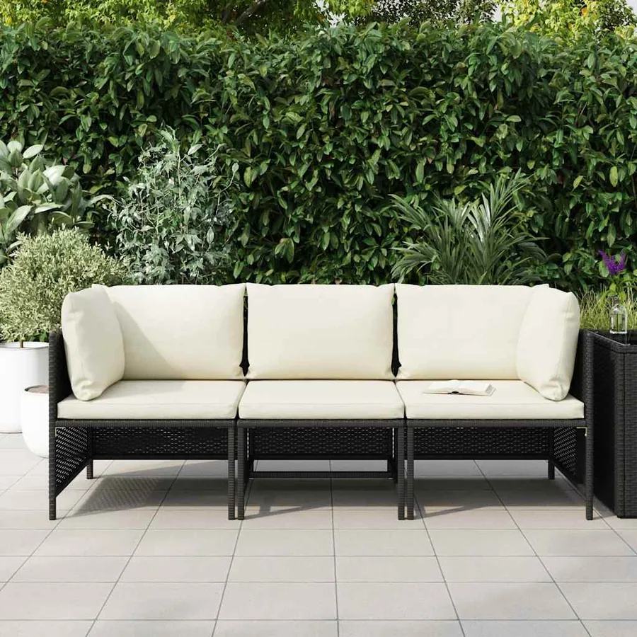 Canapé de jardin à 3 places avec coussins Noir Résine tressée - 3