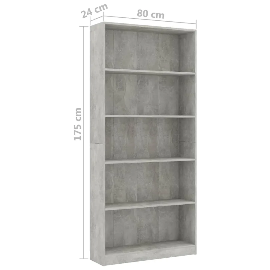 Bibliothèque à 5 niveaux Gris béton 80x24x175cm Bois ingénierie - 6