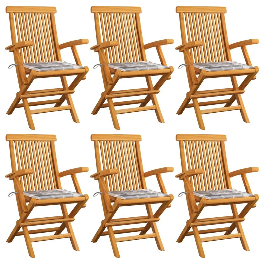 Chaises de jardin coussins à carreaux gris lot de 6 Teck massif