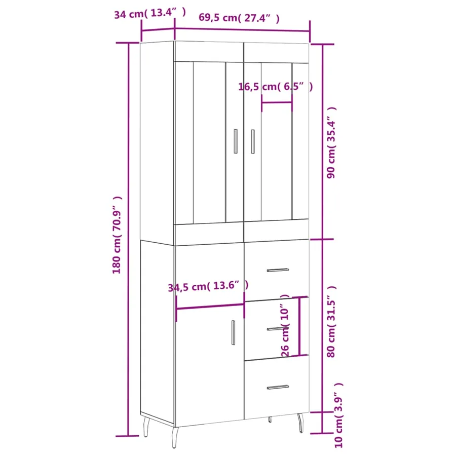 Buffet haut Chêne sonoma 69,5x34x180 cm Bois d'ingénierie - 14